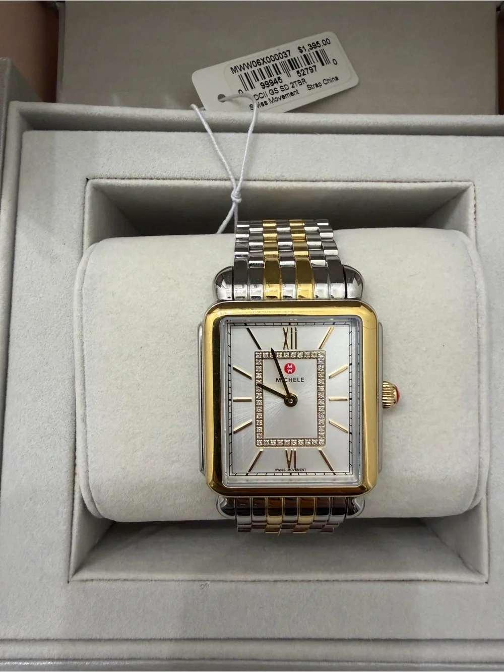 Michele Two-Tone Gold and Silver Rectangular Diamond Accent Dress Watch